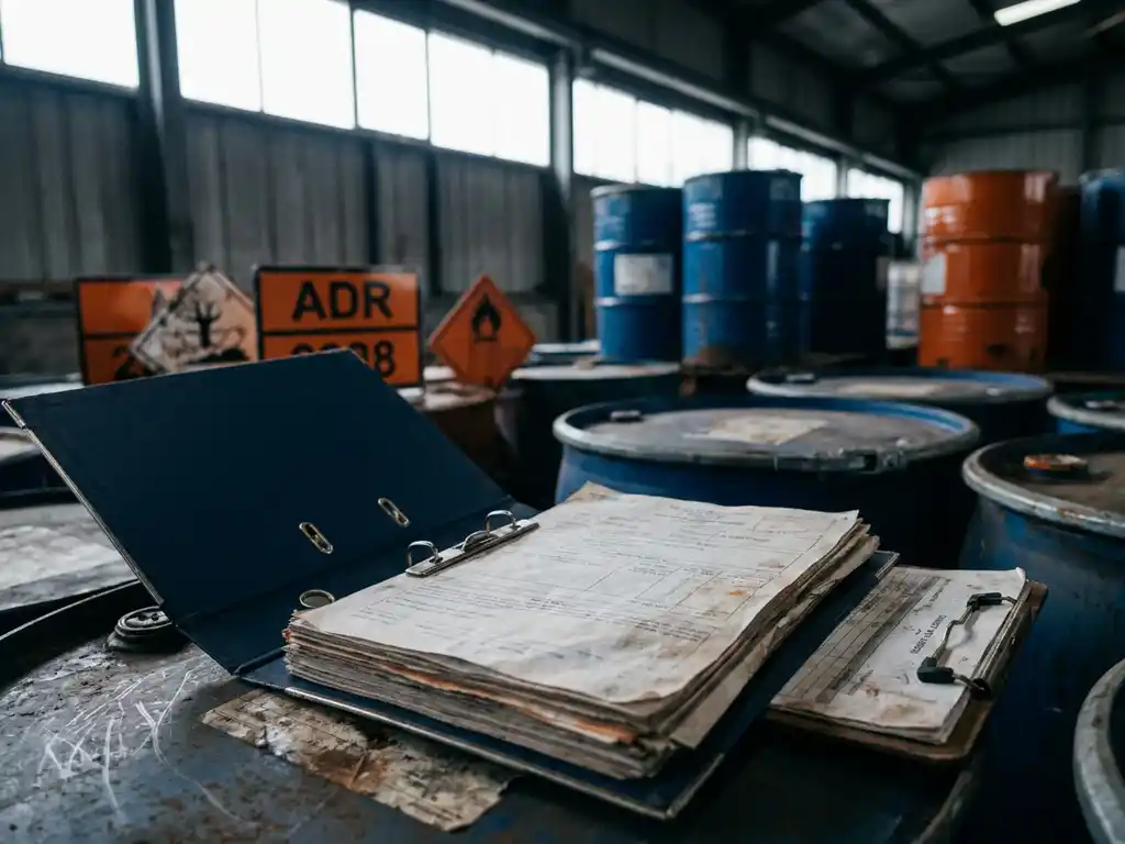 Transportdocumentmap op metalen klembord met oranje ADR-gevaarsborden en verzegelde chemicaliënvaten op de achtergrond.