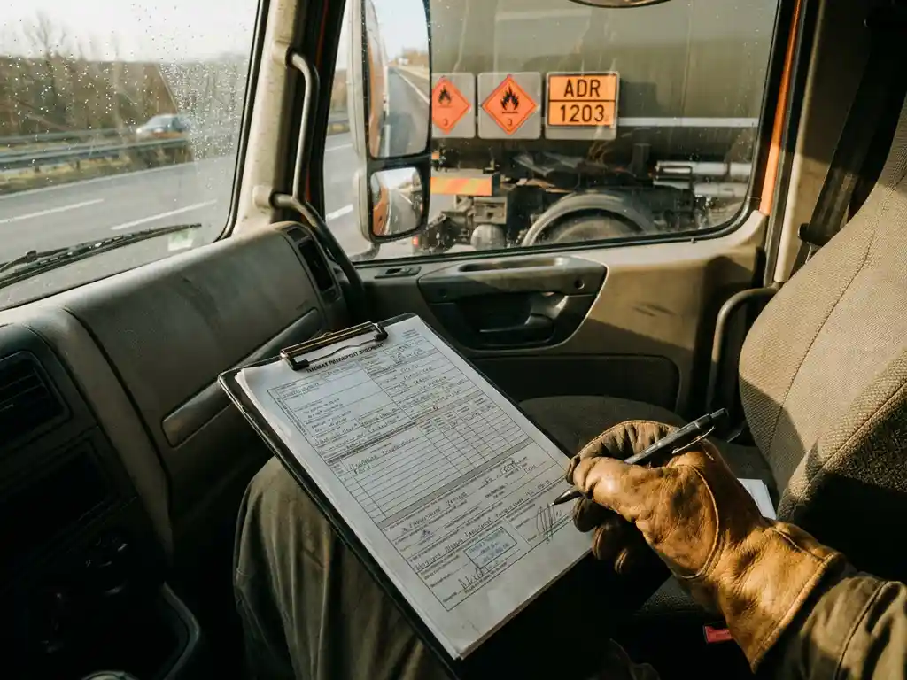 Gevaarlijke stoffen transportdocument op klembord in truckcabine, oranje ADR-gevaarsetiketten zichtbaar op voorliggend voertuig.