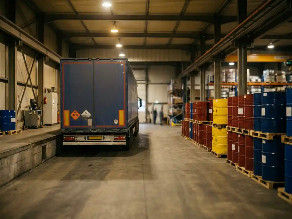Gevaarlijke stoffen vrachtwagen bij laaddok naast kleurgecodeerde chemicaliënvaten in rood, geel en blauw op pallets, met oranje ADR-bord.