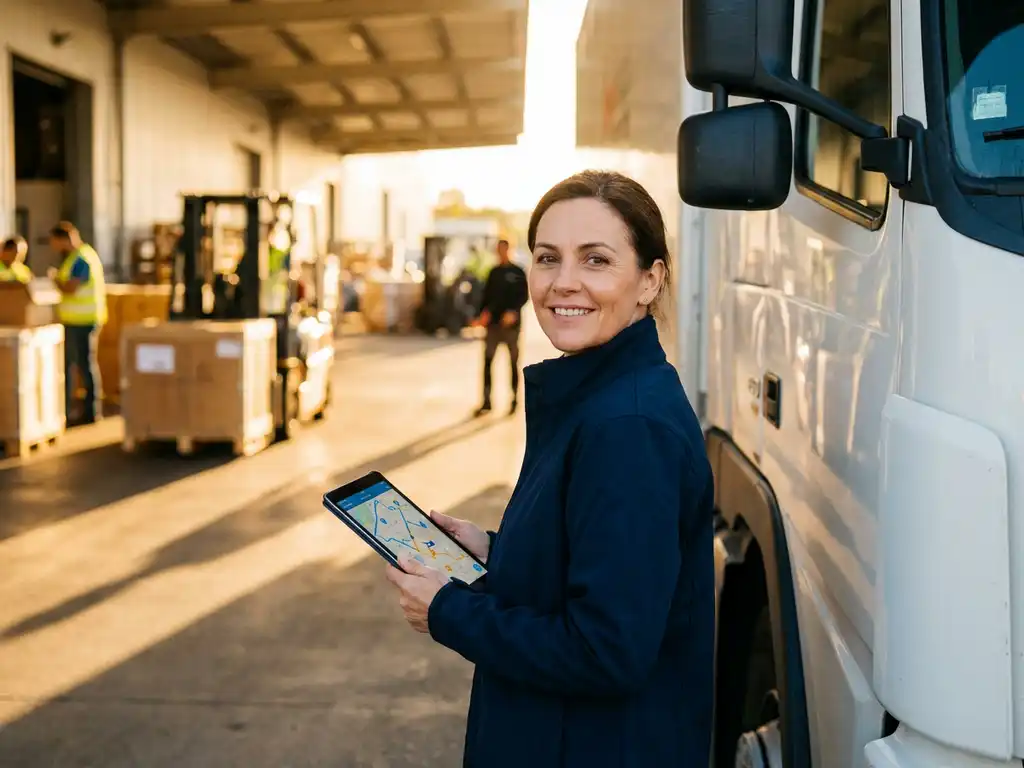 Logistiek manager met tablet met routekaart naast witte vrachtwagen op druk laadperron in middagzon.