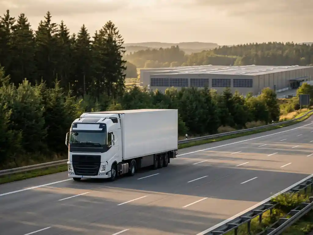 Witte logistieke vrachtwagen op Duitse snelweg omgeven door dennenbos, met zonnepanelen op distributiecentrum op achtergrond.