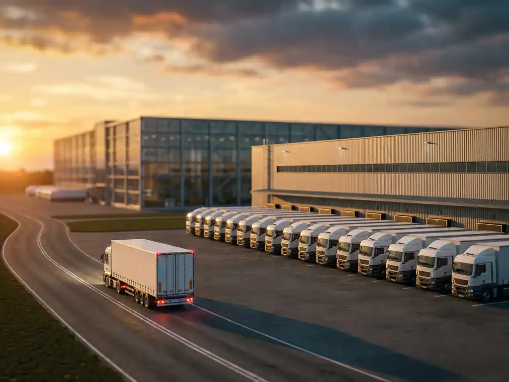 Witte logistieke vrachtwagens bij modern distributiecentrum, één truck rijdt weg op snelweg tijdens gouden uur.