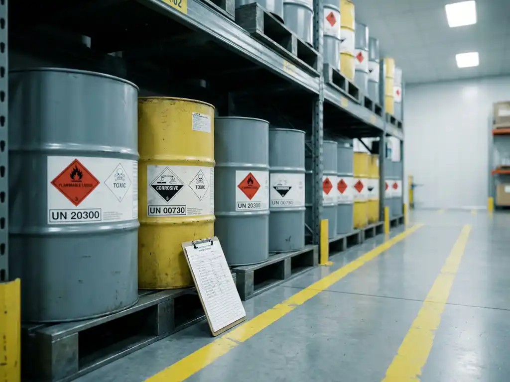 Gevaarlijke chemische opslagvaten op industriële metalen schappen in magazijn, gele veiligheidsmarkeringen op vloer, inspectieklembord zichtbaar.