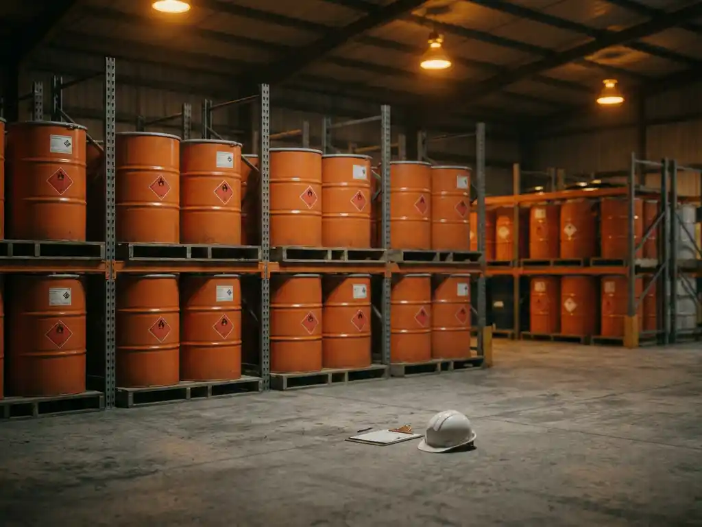 Oranje chemische vaten met gevarensymbolen op metalen stellingen in een opslagloods voor gevaarlijke stoffen, helm en klembord op betonvloer.