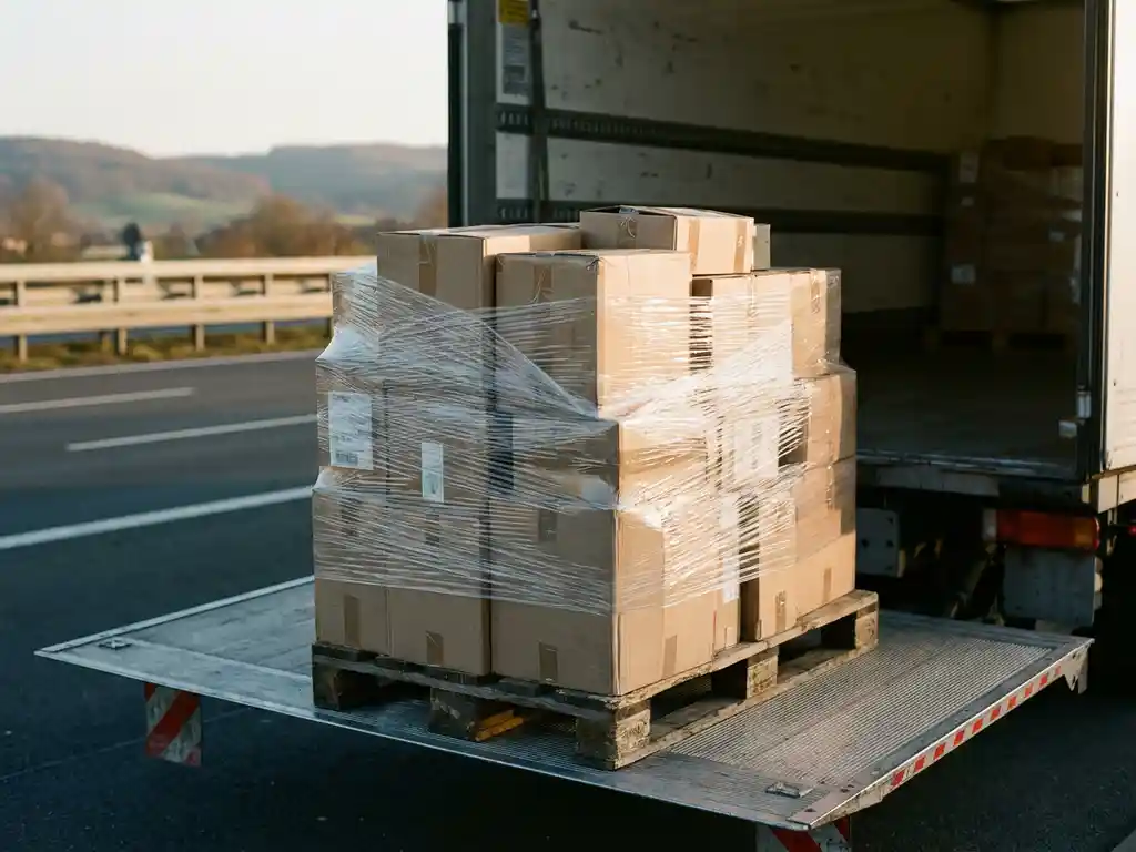 Verweerde houten pallet met kartonnen dozen in stretchfolie op een Nederlandse vrachtwagen, snelweg op de achtergrond in warm middaglicht.
