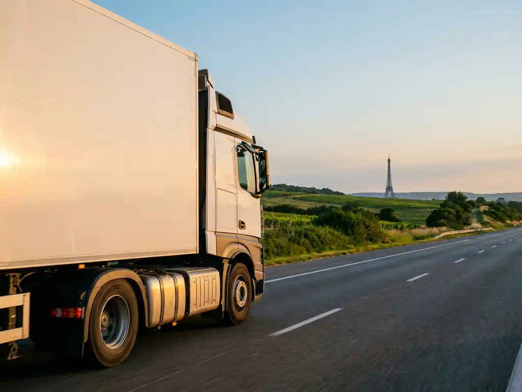 Witte vrachtwagen op Franse snelweg met Eiffeltoren aan de horizon, gouden zonlicht en blauwe lucht.