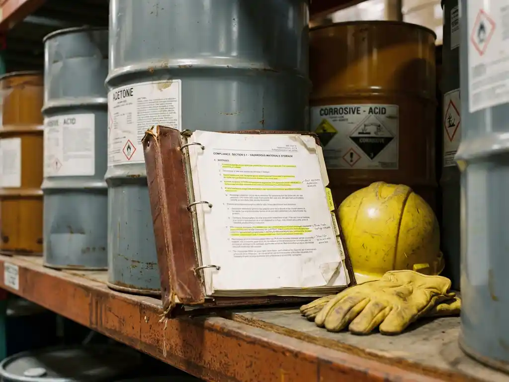 Versleten veiligheidsbinder open op gemarkeerde compliancepagina, naast helm en gele handschoenen op metalen magazijnplank met chemicaliënvaten.