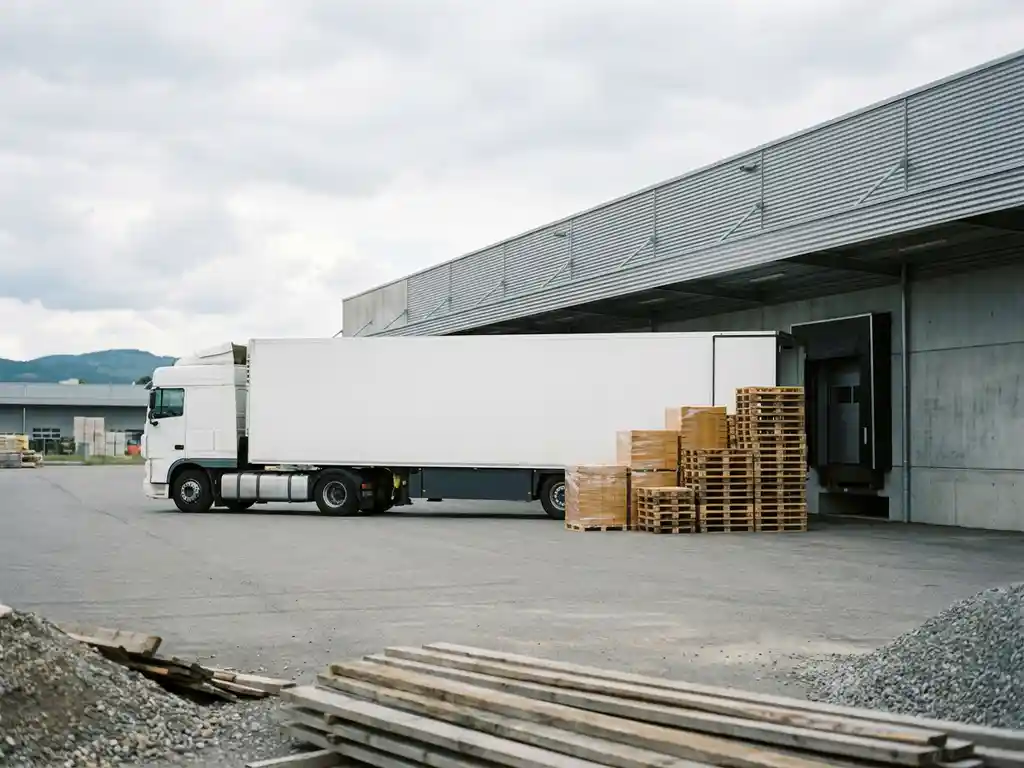 Witte vrachtwagen geparkeerd bij laaddock van modern magazijn met stapels pallets op industrieel terrein.