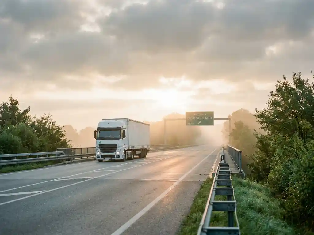 Witte vrachtwagen op een snelwegbrug richting de Duitse grens, met een groen Autobahn-bord in mistig ochtendlicht.