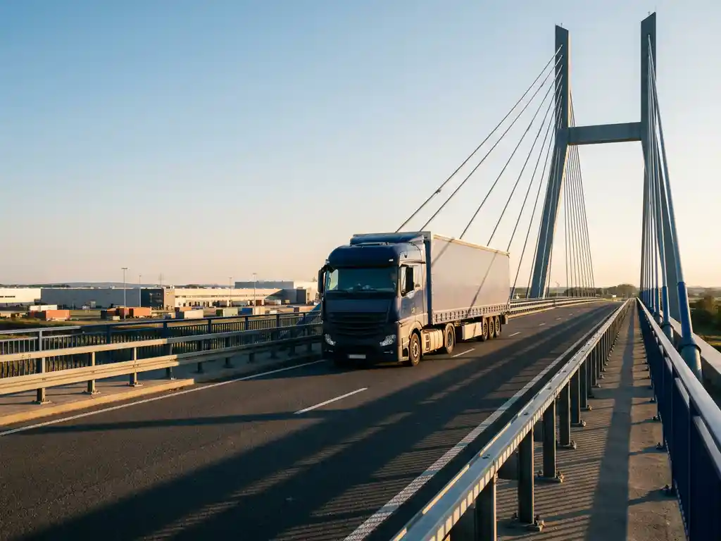 Vrachtwagen rijdt over snelwegbrug richting Frankrijk met Nederlands distributiecentrum op de achtergrond in warm middaglicht.