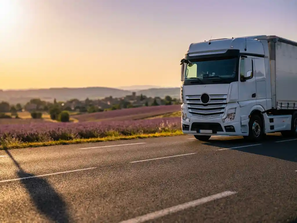 Witte vrachtwagen op Franse snelweg tijdens gouden uur, met lavendelvelden en Provençaals landschap op de achtergrond.