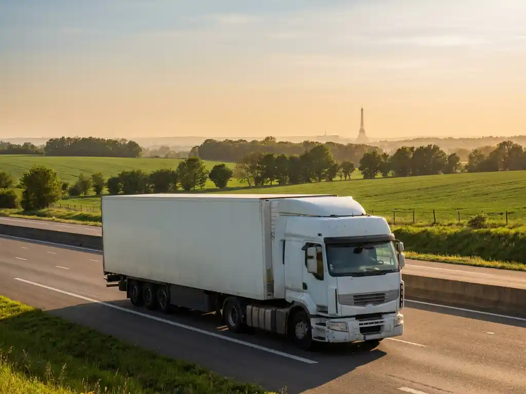 Witte vrachtwagen op Franse snelweg met Eiffeltoren op de achtergrond, omgeven door groen landschap in middagzon.