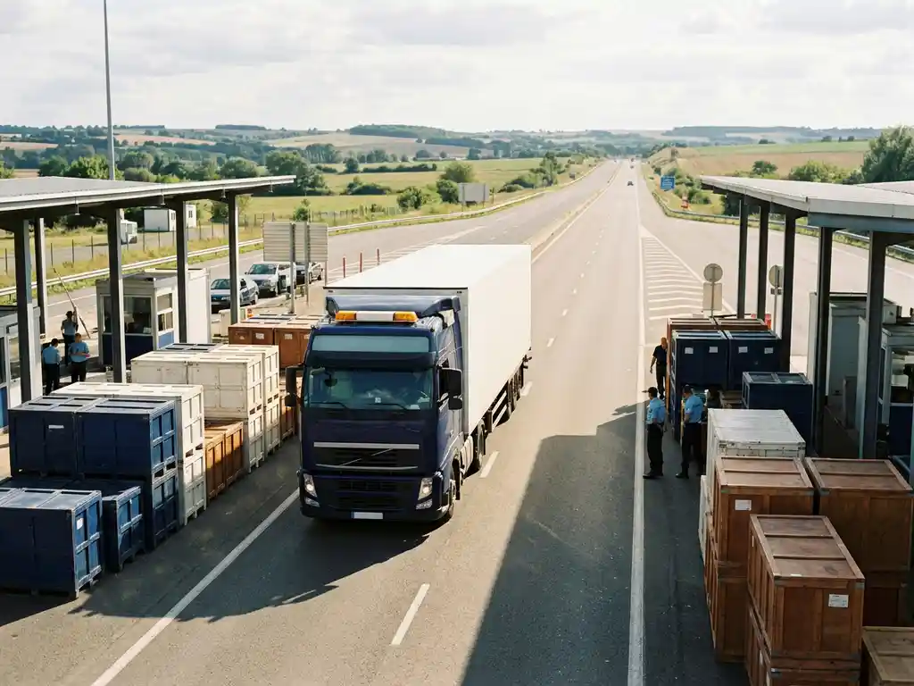 Witte vrachtwagen passeert Franse grensovergang met gestapelde lading en open snelweg naar glooiend landschap.