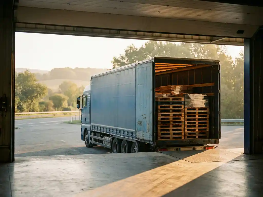 Europese vrachtwagen met open laaddeuren en gestapelde pallets op laaddok, Frans landschap zichtbaar op de achtergrond.