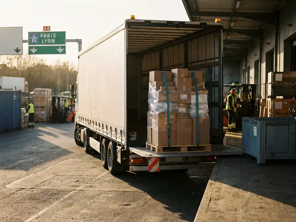 Gemengd pallet met kartonnen dozen en krimpfolie op Europese vrachtwagen bij laaddok, Franse snelwegborden op achtergrond.