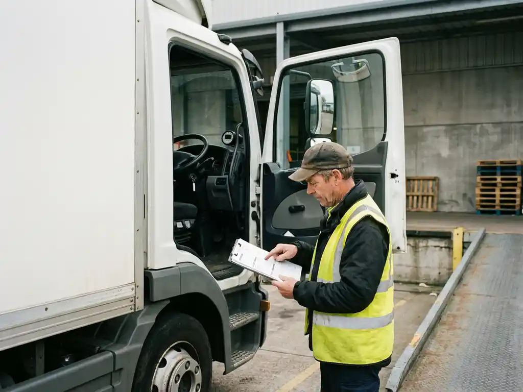 Vrachtwagenchauffeur controleert compliance-documenten op klembord bij witte vrachtwagen op laaddok, reflectievest en tachograaf zichtbaar.